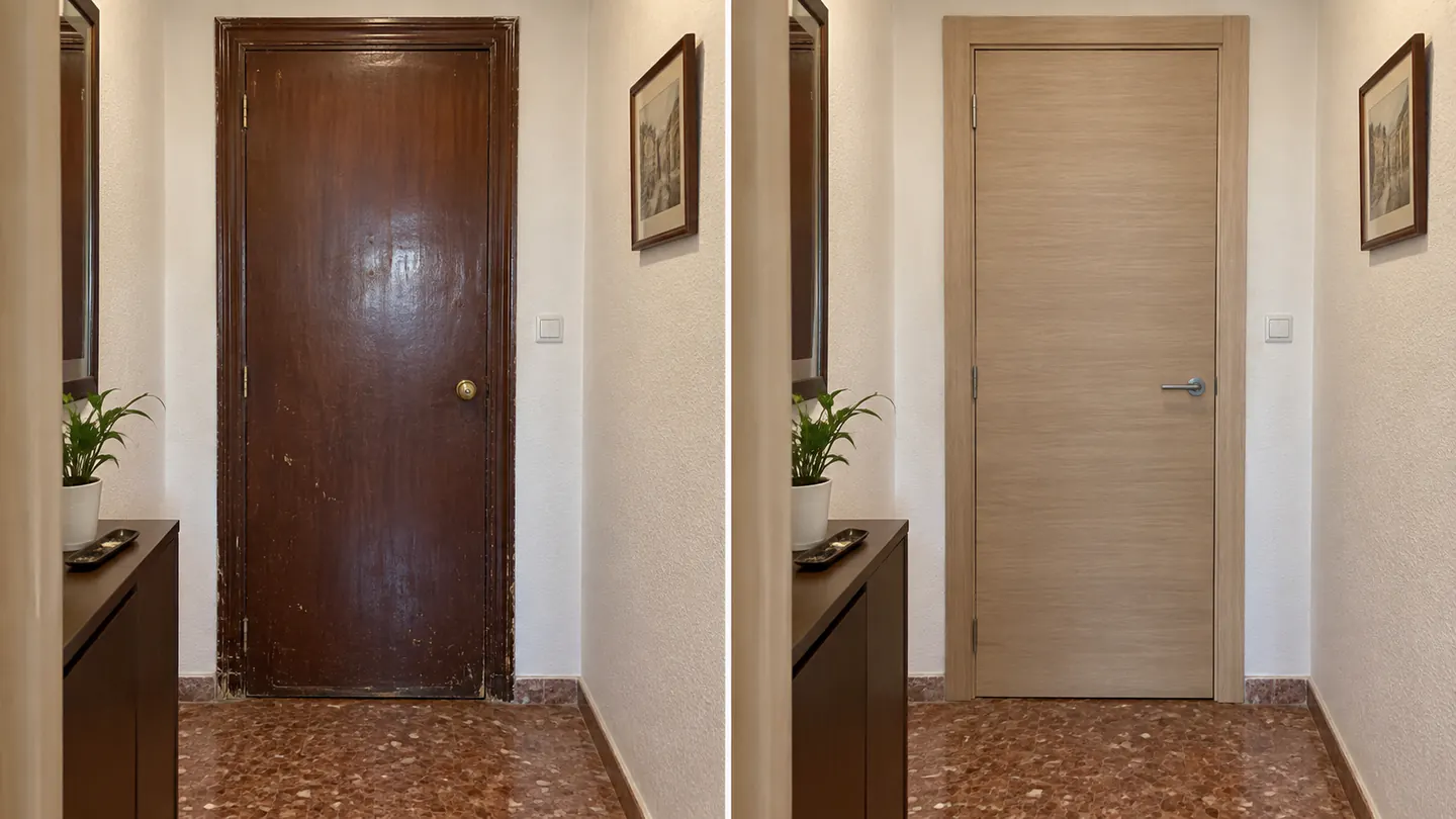 Comparativa ilustrativa de una puerta interior antigua y una puerta nueva instalada