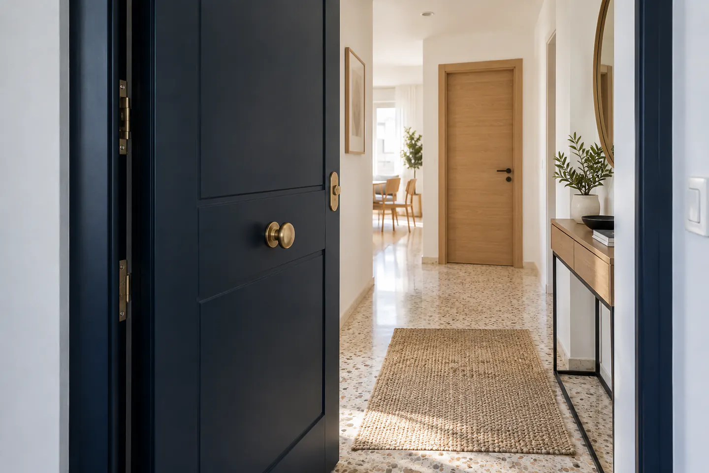 Puerta de entrada azul y puerta interior de roble en una vivienda
