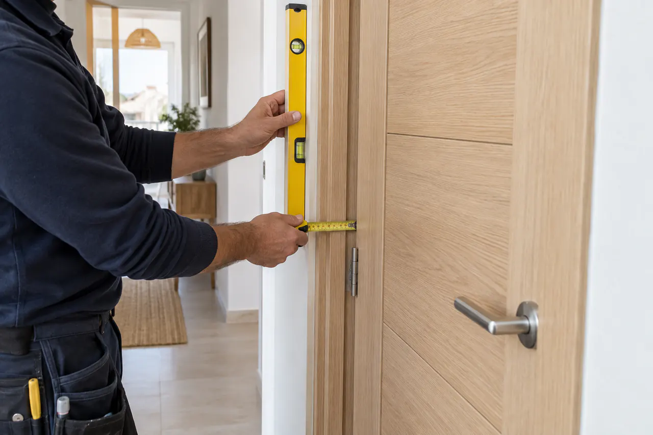 Instalador comprobando la alineación de una puerta interior
