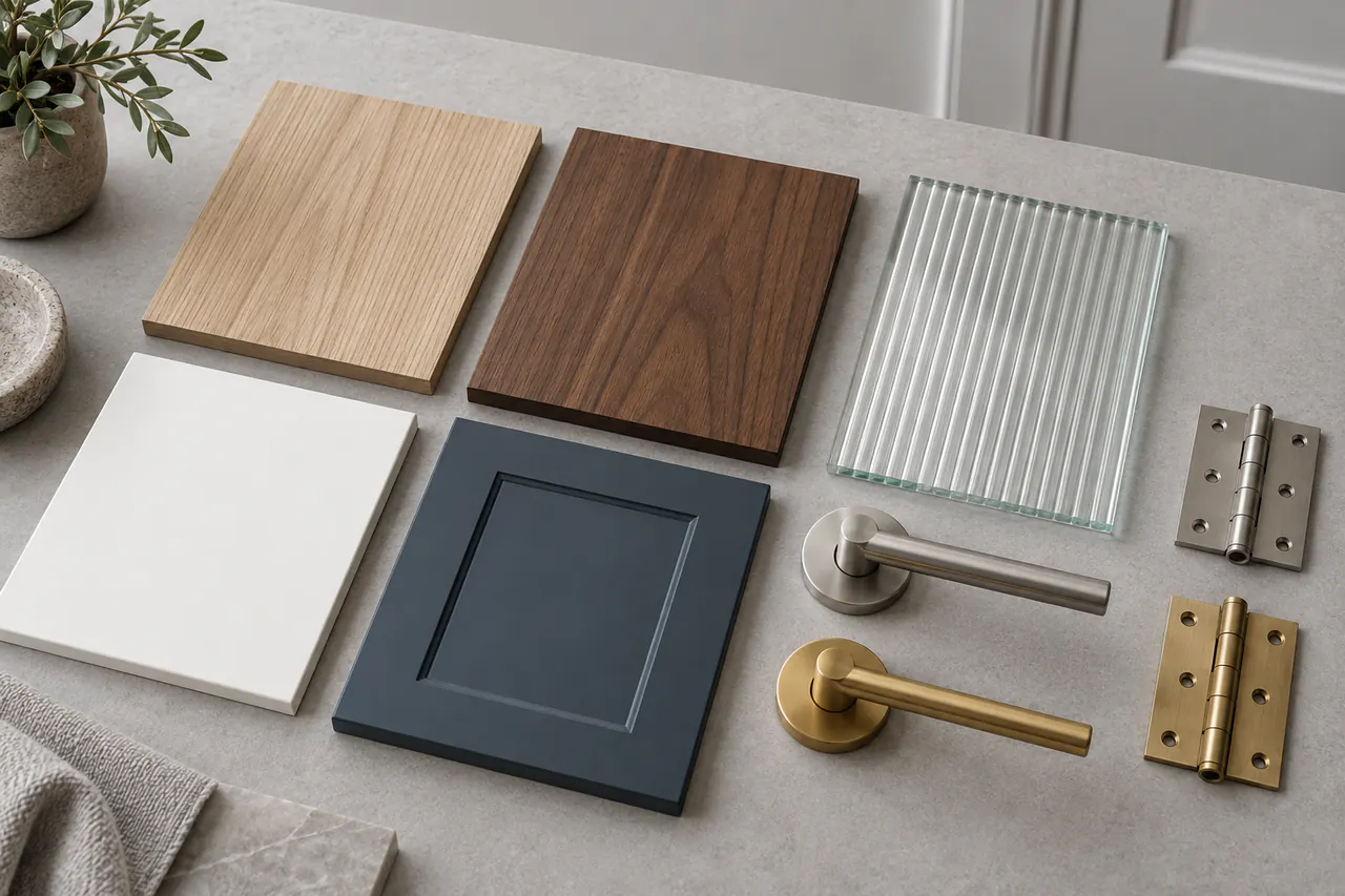 Muestras de madera, lacado, vidrio y herrajes para puertas