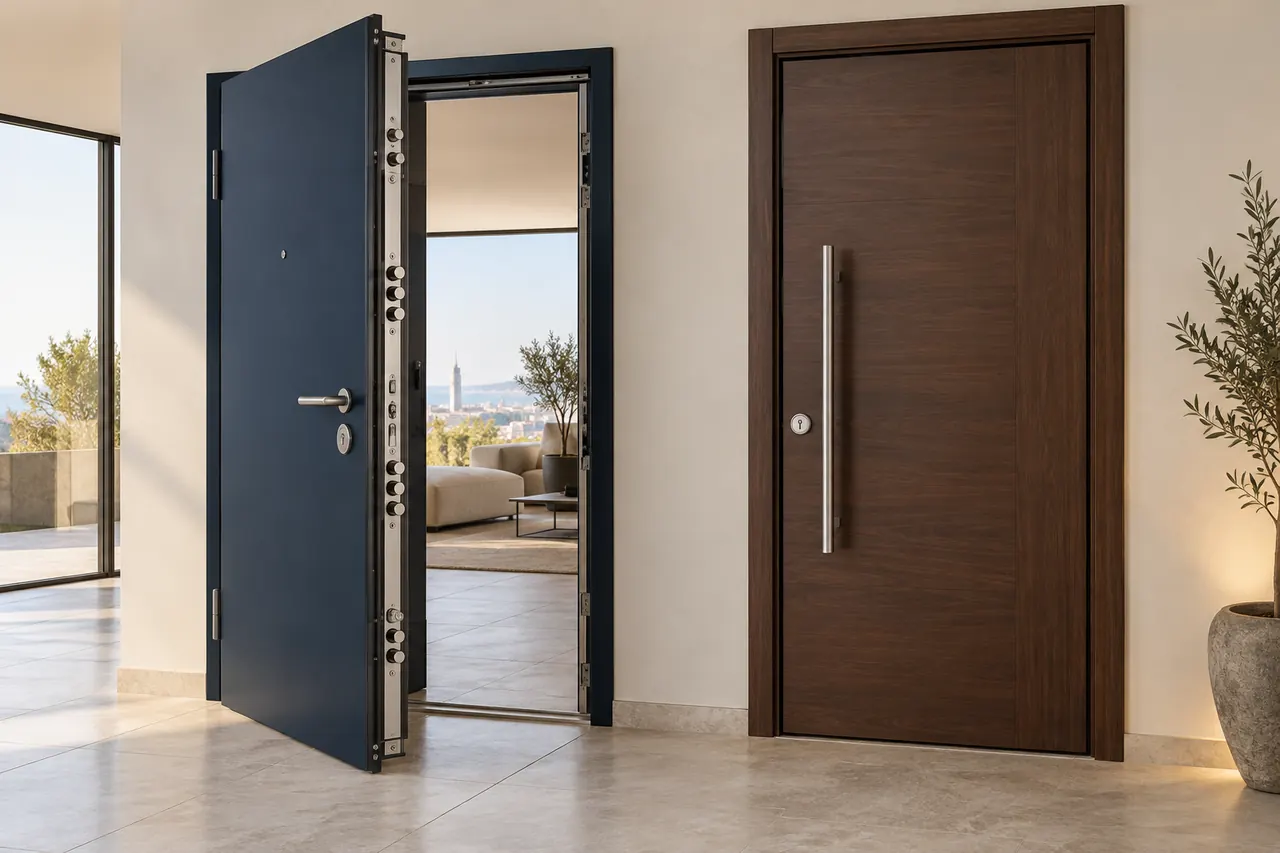 Dos modelos de puertas acorazadas con estructura metálica y distintos acabados