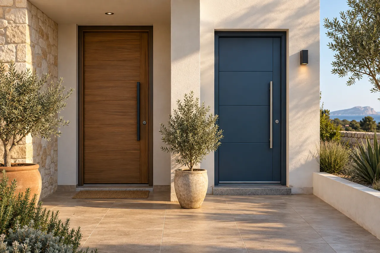 Dos opciones de puertas de exterior en madera y azul