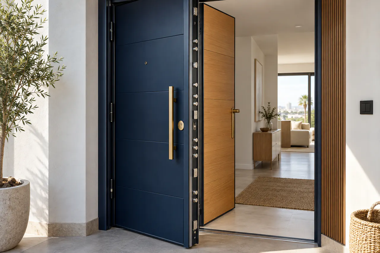 Puerta acorazada azul con estructura y cierre reforzados