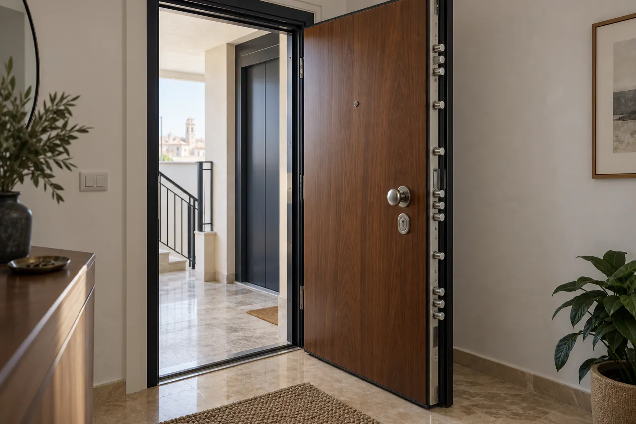 Puerta blindada con hoja de madera y cierre multipunto visible