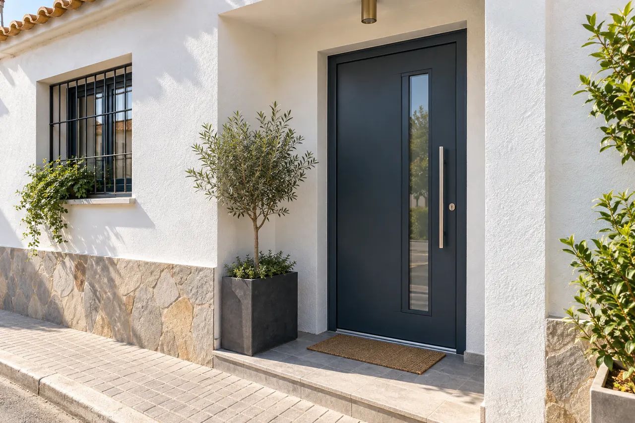 Puerta exterior azul en una vivienda de estilo mediterráneo