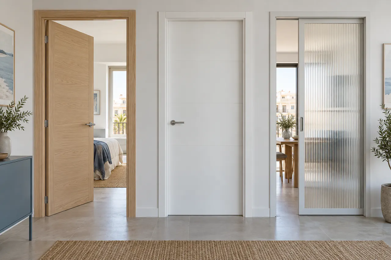 Tres opciones de puertas de interior en madera, lacado y vidrio